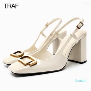 Vestido sapatos traf mulheres women office wedding metal slingback salto alto salto branco salto primavera verão 2023 salto bombas woman chunky