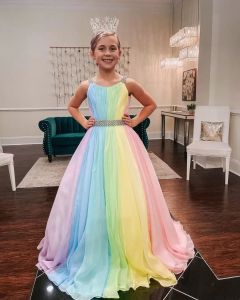 Rainbow Chiffon Little Girl Pageant Dree 2022 Strap-Neck Girl Prom Gown Zipper V Back Sleuntvele A-Line Long Kid Formal Party Birthday Prince Wear