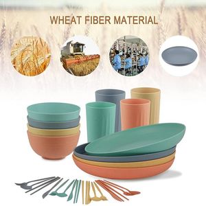 Dinnerware Sets Wheat Straw 32pcs Unbreakable Lightweight Plates Cups And Bowls Microwave Dishwasher Safe