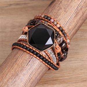 Strand Obsidian Double Pendant Wrap Armband Flätad läderpärlor prydnad