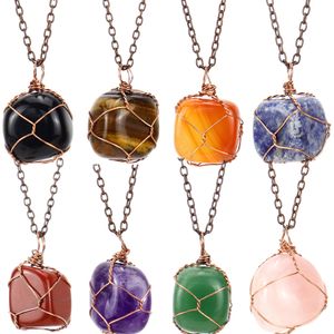 5 Styles Natural Stone Wire Winding Pendant Irregular Amethyst Rose Quartz Crystal Agate Necklaces Jewelry Accessories