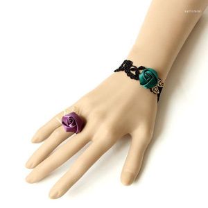 Necklace Earrings Set Womens Handmade Green Purple Flower Rose Black Lace Adjustable Ring & Bracelet Wristband Cosplay Lolita Gothic