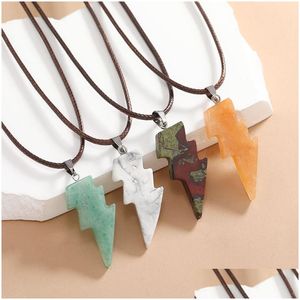 Pendanthalsband Fashion Lightning Form Natural Stone Quartz Opal Crystal Necklace For Women Men Brown Leather Rope Chain Dhgarden Dhidk