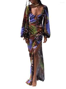 Casual Dresses Women's High Split Long Dress Tropical Print Lantern Sleeve Tie-up Front Bodycon Summer Beachwear