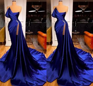 Dubai Arabic African Royal Blue Mermaid Prom Dresses Long for Women Black Girls Beaded Strapless Pleats High Side Split Formal Dress Evening Party Birthday Gowns