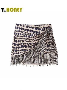 Юбки Tellhoney Women Fashion Fashion Beaded Print Print Skirt Женская повседневная спина на молнии асимметрично линейка Slim Fitting Chic Lady Mini 230516