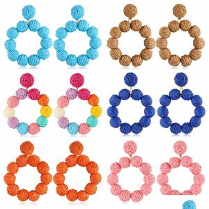 Ręcznie robione okrągłe kolczyki dla kobiet dziewczyna bohemia Braid St Wicker Rafia Circle Ear Jewelry Summer Beach Akcesoria