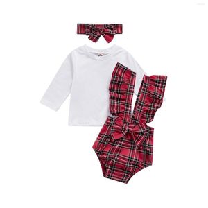 Kläder sätter 0-24m född spädbarn baby flickor romper set långärmad t-shirt rutig med bowknot hårband småbarn outfit