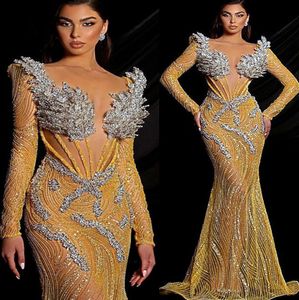 May Aso Ebi Gold Mermaid Prom Cristalli di perline sexy Formale Formale Secondo Accogliente Accogliente Gowns Dress Drede De Soiree ZJ260 407