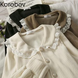 Gömlek Korobov Korean Vintage Dantel Patchwork Kadın Gömlek Ofis Lady Elegant Peter Pan Yakası Blusas Mujer Tek Göğüslü Bluzlar