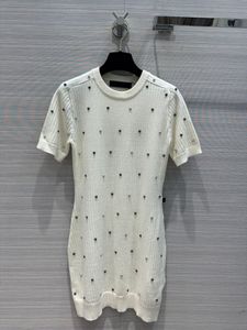 Spring Summer Ivory Solid Color Rivet Woolen Knitted Dress Short Sleeve Round Neck Short Casual Dresses D3W15491