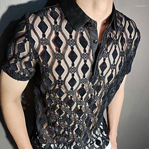 Men's Polos Summer Luxury Abstract Geometric Pattern Transparent Shirt Short Sleeve See Through Button Up Men Camicia Uomo Black