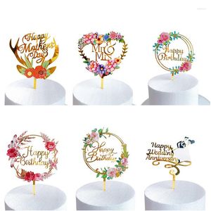 Festive Supplies Acrylic Color Flower Girl Happy Birthday Cake Topper Wedding Anniversary Mother's Day Toppers Decoration