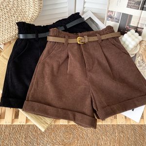 Kvinnors shorts S-5XL Corduroy rullade bredbenshorts kvinnor Autumn Retro High midja Lossa Casual Short Pants With Belt Lose A Line Shorts Femme 230516