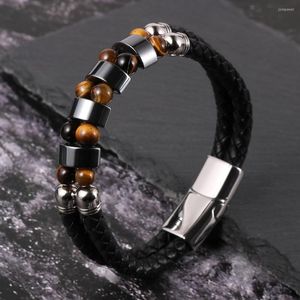 Charm Bracelets Luxury Men 2 Layers Cowhide Leather Cuff Jewelry Stainless Steel Buckle Natural Map Stone Hematite Beads Wristband