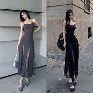 Casual Dresses Mesh Midi Dress Sexy Elastic Long Skirt Women Elegant Translucent Luxury Evening Black And Gray Streetwear In 2023