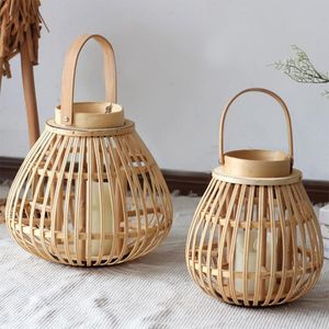 Fener Bambu Dokuma Asma Mum Tutucular Şamdan Dekoratif Mum Halka Ev Süsleme Taşınabilir Doğal