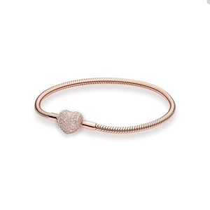 Luxury Rose Pave Heart Charm Armband för Pandora 925 Sterling Silver Snake Chain Armelets Designer smycken för kvinnor Bröllopsarmband med originallåda