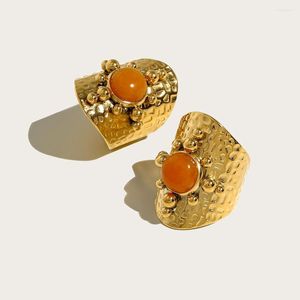 Ringos de cluster Yachan 18K Gold Bated Aço inoxidável Anel largo para mulheres Luxury Orange Stone Metal Metal Textura da moda jóias estéticas