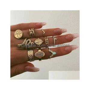 Band Rings Ring Vintage Boho Snake Crystal Finger Set Punk Bohemian Buddha Statue Stone For Women Party Jewelry Gift Drop Delivery Ot9R7