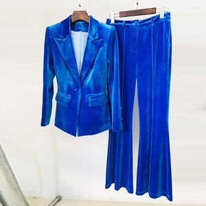 Calças de duas peças femininas Flare blazer de duas peças Blue Velvet Pantsiits Mulheres outono O outono do inverno Solid Tuxedo Suit de High Street Fashion Office