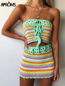 Vestido de duas peças APROMS WARNA WARNI BERGARIS TANPA TALI CROCHET TABUNG CROP TOP Dan Rok Musim Panas Pantai