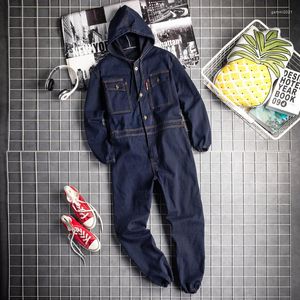 Men's Tracksuits Work Overalls Jumpsuit For Men Denim Jeans Pants Long Sleeve Hooded Suit One Piece Jumper Autumn Winter Casual Workwear