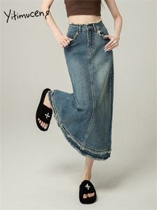 Röcke Yitimuceng Denim mit hoher Taille für Damen, Mode, Frühling, Vintage, Midi, Streetwear, solide, gerade, schlank, Y2k 230516