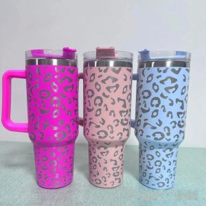 Canecas de aço leopardo inoxidável com tampa de alça de 40oz palha grande capacidade isolada copos de carro de viagem manter bebidas frias 0516