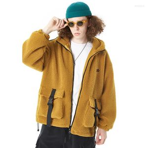 Erkekler Down Winter Japon tarzı orijinal kuzu kürk trend pamuklu giyim kısa kargo kurdele nakış hoodies ceket