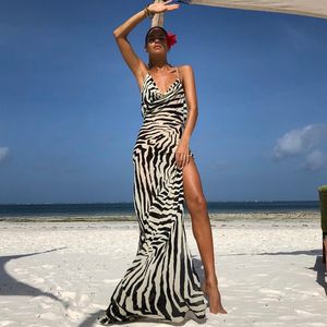 Vestido maxi de faghetti tira zebra maxi para mulheres vestido de verão sem mangas da coxa traseira
