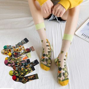 Women's Transparent Cute Socks: 3 Pairs of Korean Cat & Floral Silk Socks Set