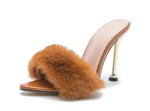 Slippers Mujer Sexy Flock Women Shoes Summer Head Pointed End FEATHER Sweet Thin High Heel Fashion Mules Ladies Party