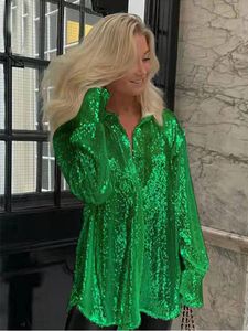 Pants Sequins Blouses Women Shirt Long Sleeve Top Women Green White Shirt Solid Oversized Shirt Party Club Sexy Outfits Y2K Clothes