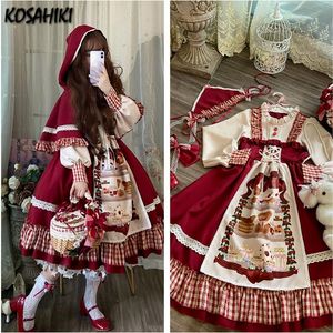 Dresses KOSAHIKI Christmas Lolita Dress Kawaii Women New Year 2023 Sweet Lace Ruffle Patchwork Puff Long Sleeve Dress Red Princess Plaid