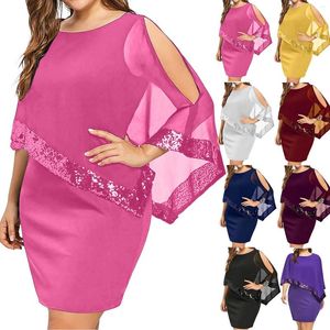 Casual Dresses Elegant For Women Lace Cold Shoulder Overlay Asymmetric Chiffon Strapless Sequins Dress Vestidos De Fiesta 5XL