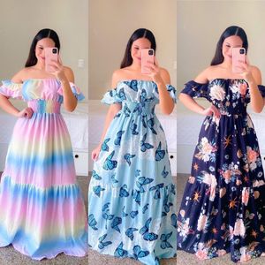 Casual Dresses Women Butterfly Flower Print Hem Maxi Summer Boho Party Elegant Long 230517