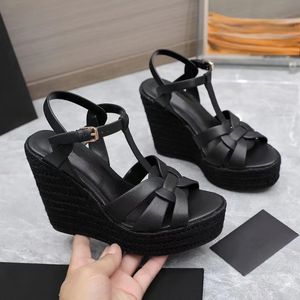 Kadınlar kama sandalet yüksek topuklu ayakkabılar haraç deri kama espadrille sandalet patent derileri ayak bileği kayış kama platformu topuklu konfor desginer 35-43Box
