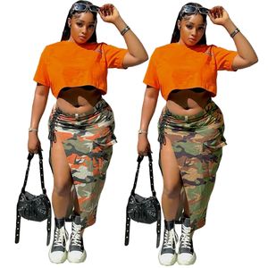 Designer camo long kjol sommar kvinnor ny stil hög midja delade bodycon kjolar damer kamouflage sida öppen maxi klänning bulk föremål grossistkläder 9866