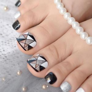 Falska naglar geometriska mönster glitter tå sexig svart fyrkant falsk nagel glänsande glittrande tryck på