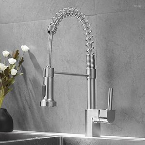 Kitchen Faucets Modern Faucet Brushed Nickel Brass Single Handle Pull Down Spring Spout Tap Cold Water Sink Mixer AT8814BN