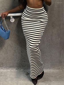Etekler rlmababy seksi siyah beyaz çizgili yüksek bel ayak bileği uzunluğu moda temel rahat sokak kadınları düz uzun