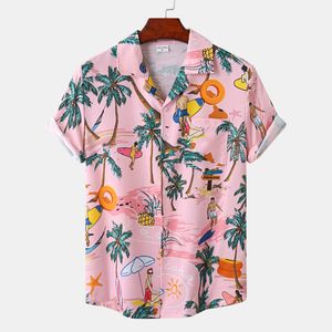 Mens Casual Shirts Hawaiian Beach Coconut Tree Print Short Sleeve Clothes Fashion Lapel Button Top Tshirt For Men 230516