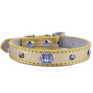 Собачьи воротники поводки моды кожаные воротницы Кристаллические аксессуары Diamante Crown Очарование