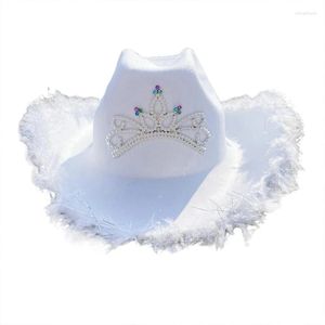 Headpieces Light Weight Rhinestone Crown Fedora Hat For Women Men Breathable Cowboy Cap With Feather Brim Western Jazz Felt