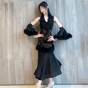 Scene Wear Ballroom Dance Clothes Women Halter Neck Topps Black Kjol Waltz Costume Prom Dress Latin Performance Clothing BL10594