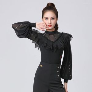 Stage Wear Fashion Black Ruffle Drill Latin Top Lantern Sleeves Modern Dancing Women Ballroom Dance Costume Practice SL7760