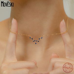 Pendant Necklaces MOVESKI Real 925 Sterling Silver Blue Zircon Leaves Pendant Necklace Link Chain For Women Wedding Statement Jewelry 230516