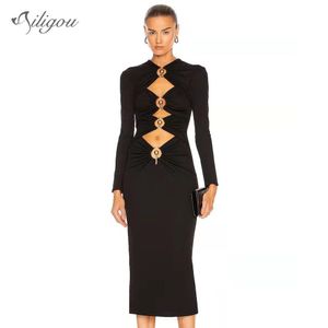 Dress Ailigou Ladies Fashion Black Midlength Tight Bandage Dress Full Sleeve Hollow Metal Button Design Party Club Dress Vestidos