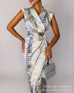 Casual Dresses 2023 Fashion Snake Print For Women Elegant Turn-down Collar High Waist Split Dress Lace Up Vestidos